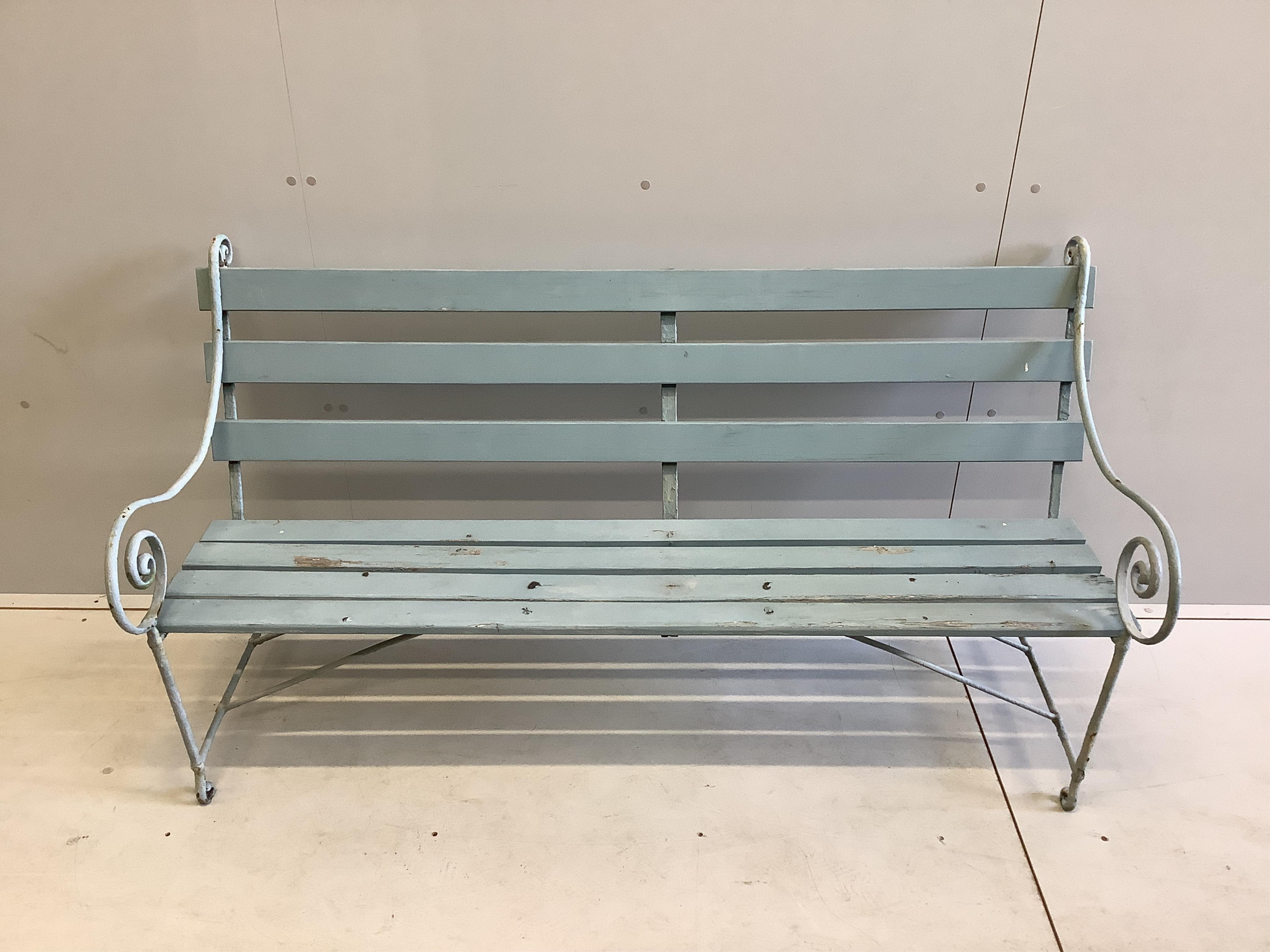 A painted wrought iron slatted wood garden bench, width 153cm, depth 54cm, height 84cm
